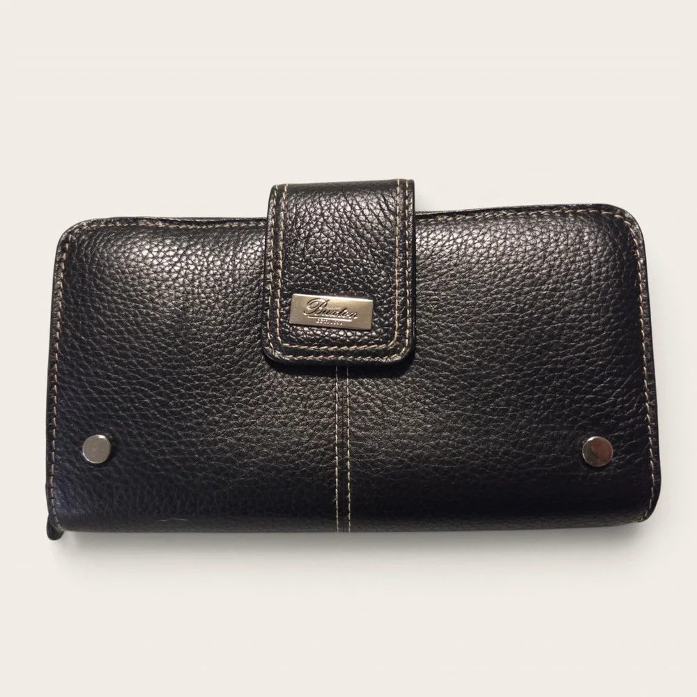 Buxton Black Leather Zip Around Checkbook Wallet Organizer Contrast Stitch